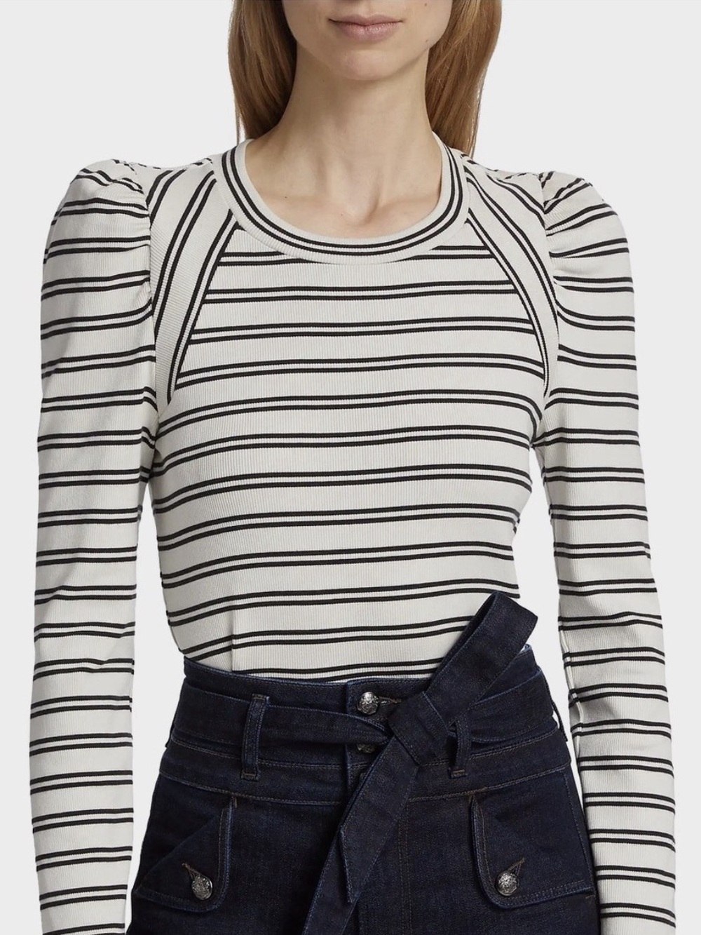 Veronica Beard Delano Striped Puff-Sleeve Long-Sleeve Top in Black and White
